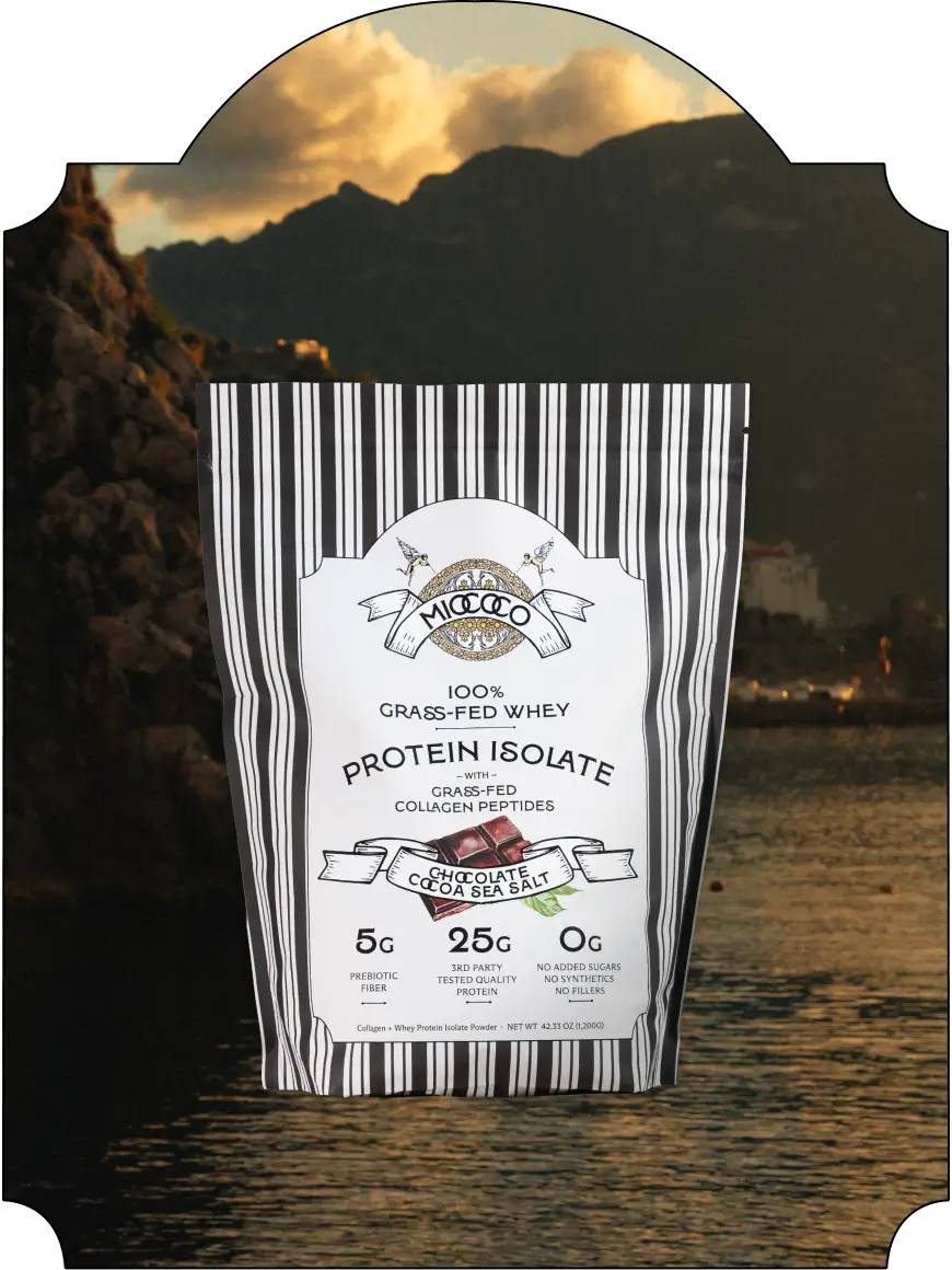Chocolate Cocoa Sea Salt 100% Grass-fed Whey Protein Isolate package with mountain and sunset background