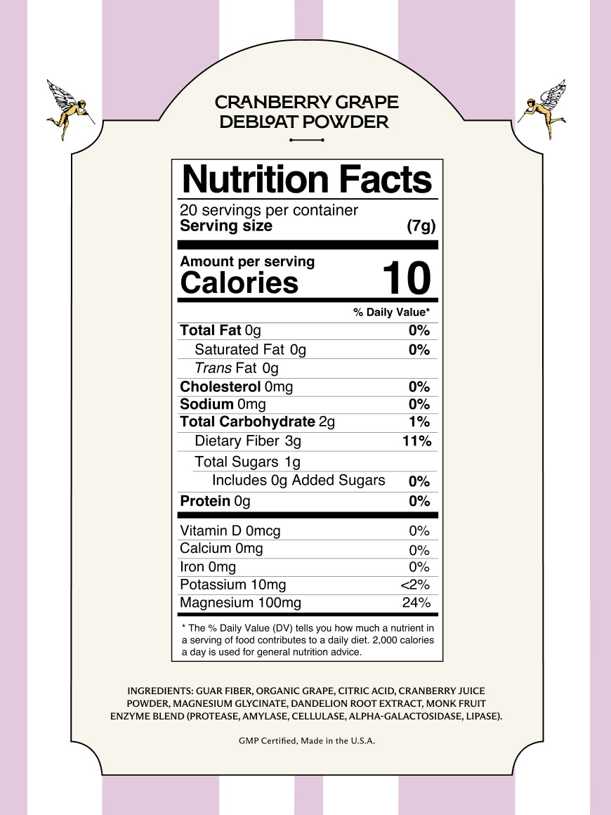 A Nutrition Facts label for Cranberry Grape Debloat Powder, showing a serving size of 7g and a calorie count of 10, set against a cream background with lavender and white vertical stripes.