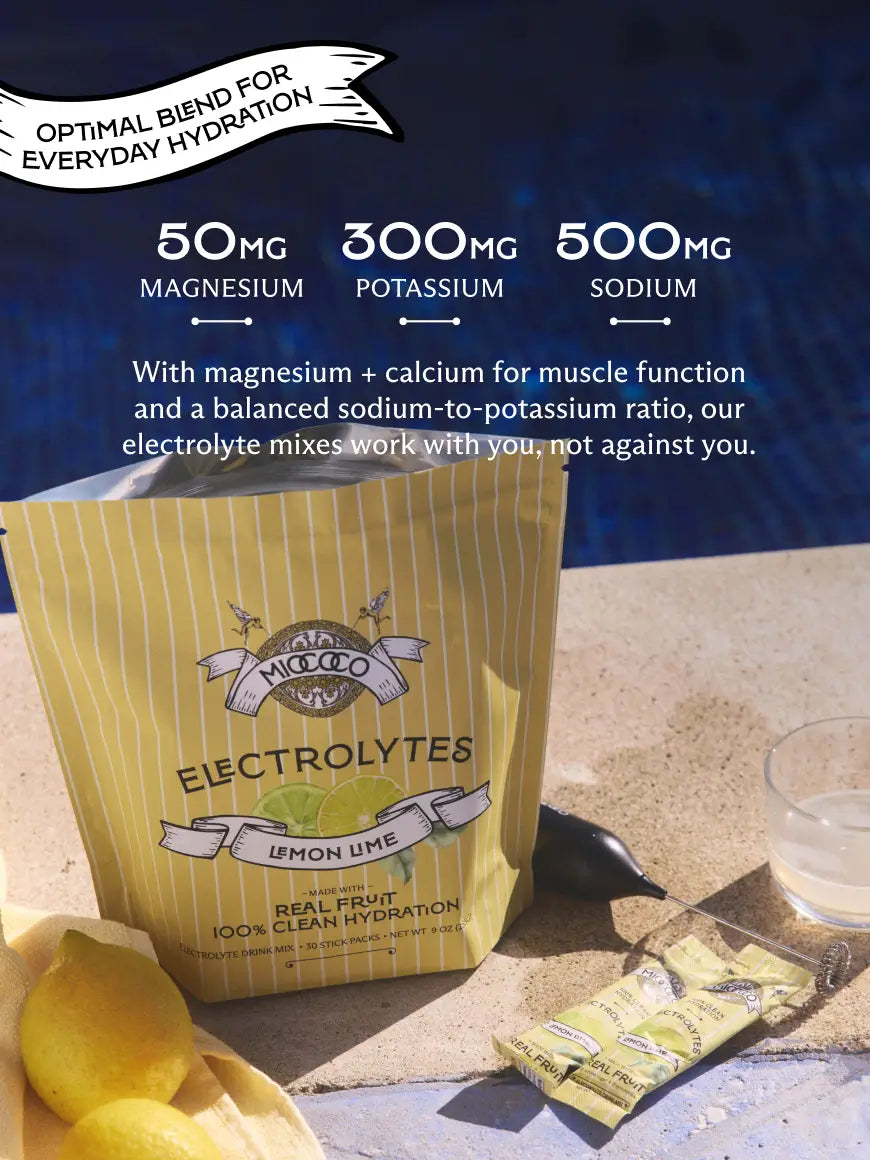 A stand-up pouch of Electrolytes Lemon lime flavor by MIOCOCO sits on a stone surface with a broken lemon half, a sachet, and a glass of water nearby. The background is a dark blue textured backdrop with white text highlighting magnesium, potassium, and sodium levels.