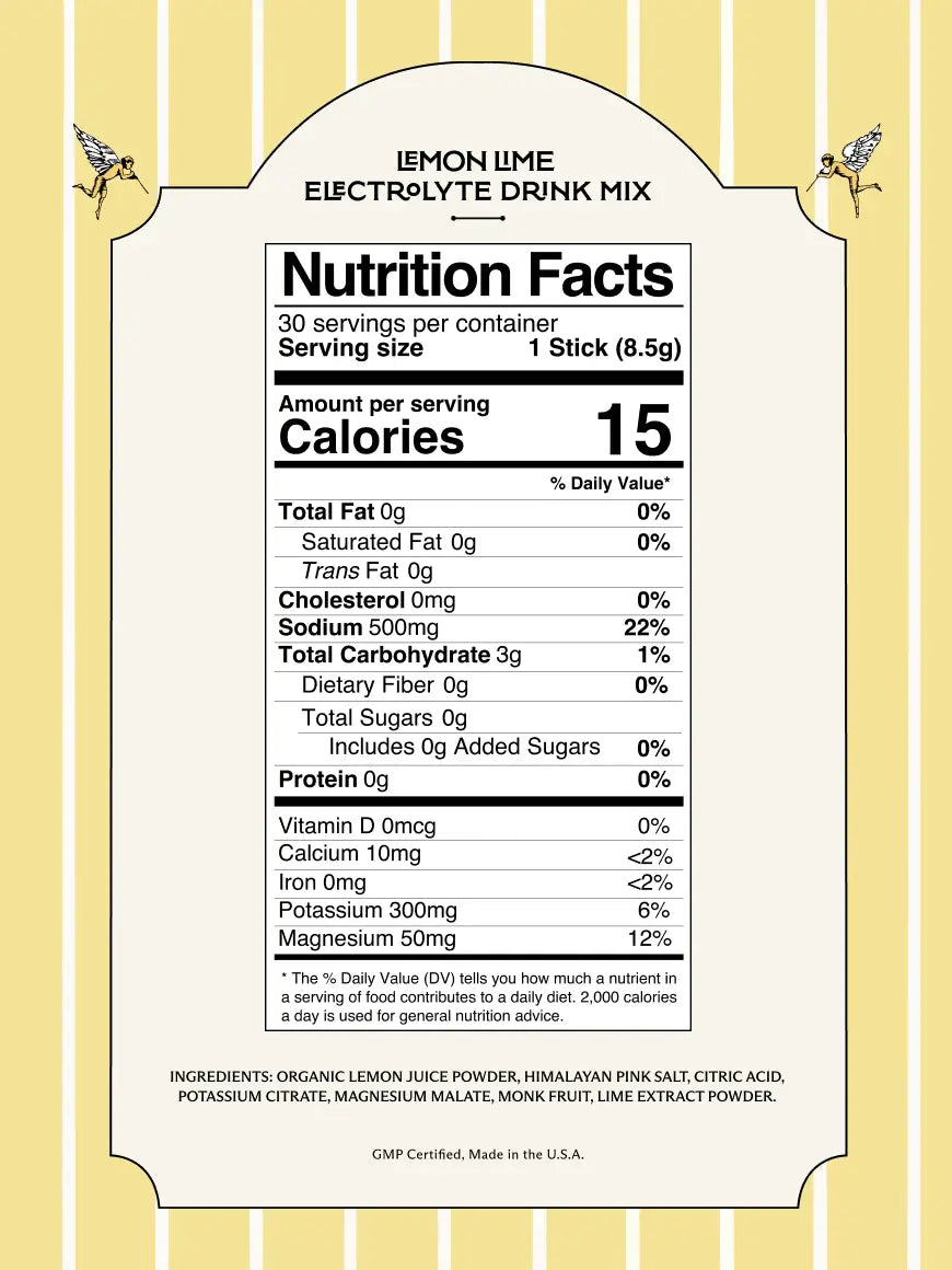 A digital graphic of a lemon lime electrolyte drink mix nutrition facts label, featuring a white label with black text and a yellow and white striped background with decorative lemongrass illustrations.