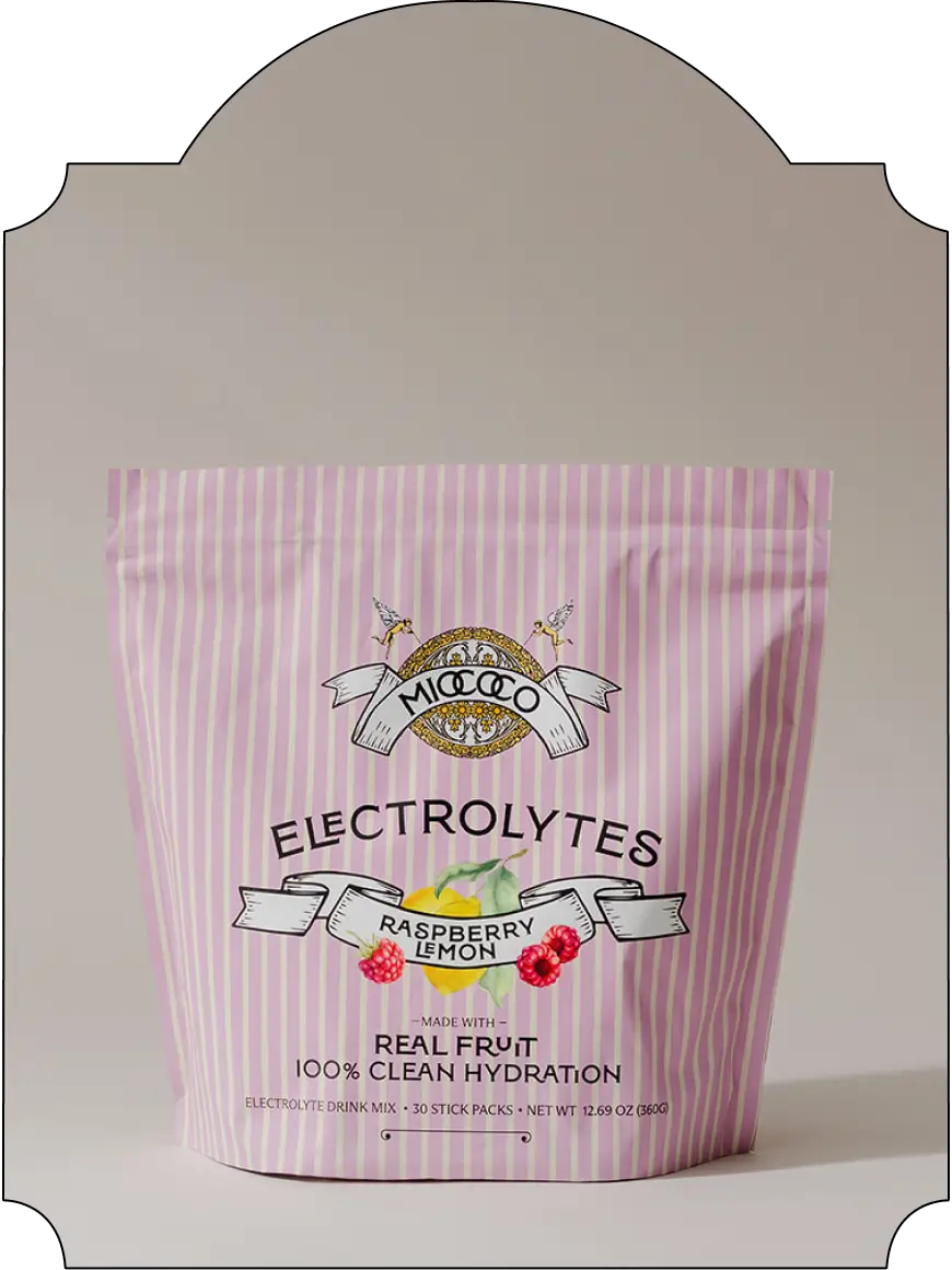 Raspberry lemon electrolytes packet against a neutral background