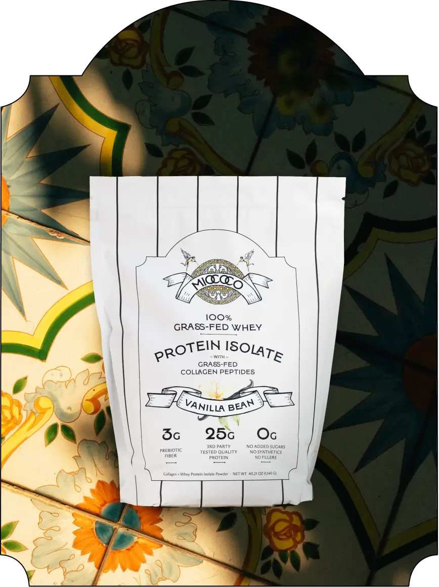 Vanilla Bean 100% Grass-fed Whey Protein Isolate package with bright tile background background