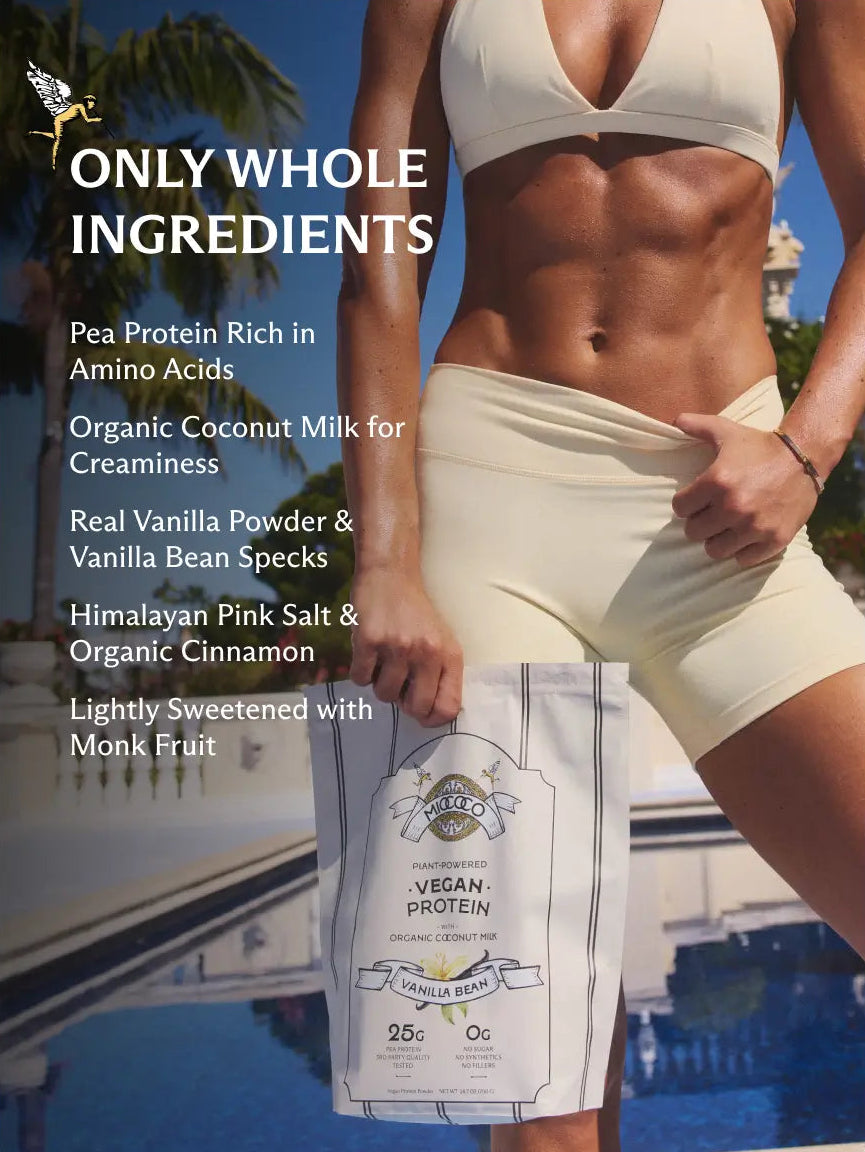 A woman in a butter yellow sports bra and matching shorts holds a bag of Miococo Vanilla vegan protein powder in front of a poolside background. Text on the left highlights whole ingredients.