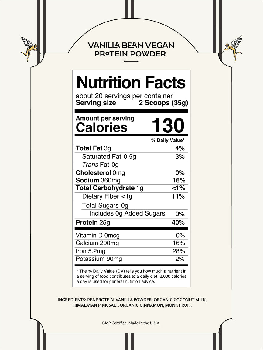 A vanilla bean vegan protein powder nutrition facts label on a white background with decorative borders.