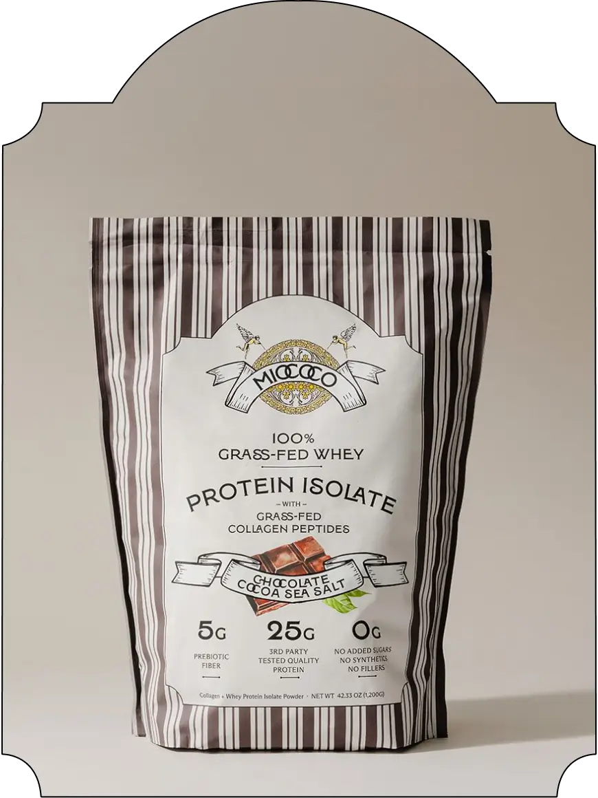 Chocolate Cocoa Sea Salt 100% Grass-fed Whey Protein Isolate package with a neutral background