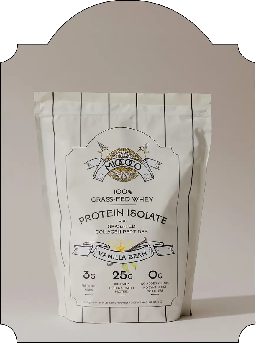 Vanilla Bean 100% Grass-fed Whey Protein Isolate package with a neutral background